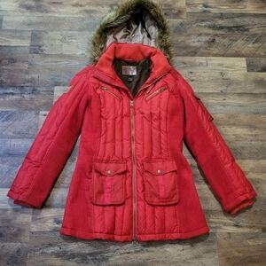 Goode Rider Women's Red Goose Down Faux Fur Heavy Puffer Zip-up Barn Jacket L